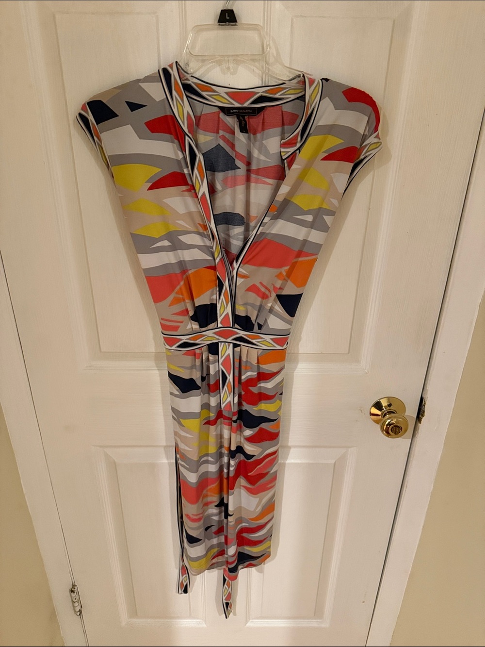 BCBGMaxAzria Multi-Color Print V-Neck Midi Dress with Tie Waist